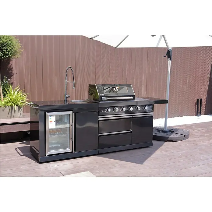 Buschbeck Outdoorküche Cambridge - Schwarz, Material Grillfläche: Edelstahl, Anzahl Brenner: 4 - Außenküche mit Grill, Spüle, Kühlschrank und viel Stauraum für kulinarische Erlebnisse im Freien.