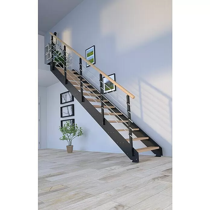 Starwood Wangentreppe Kos - Farbton Metall: RAL 9005, Breite: 87 cm, Eiche, Geschosshöhe: 220 cm - 280 cm, Gerade, Metallgeländer pulverbeschichtet, Stufen farblos geölt - Moderne freitragende Treppe mit schwarzem Metallrahmen, Holzstufen, Holzhandlauf und Edelstahlstäben im Haus.