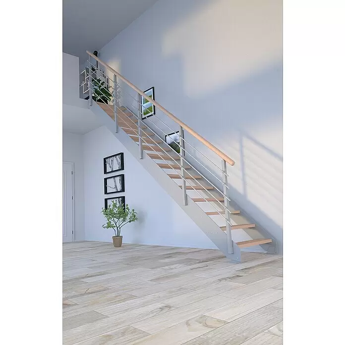 Starwood Wangentreppe Kos - Farbton Metall: RAL 9006, Breite: 87 cm, Buche, Geschosshöhe: 260 cm - 320 cm, Gerade, Metallgeländer pulverbeschichtet, Stufen unbehandelt - Stimmungsaufnahme