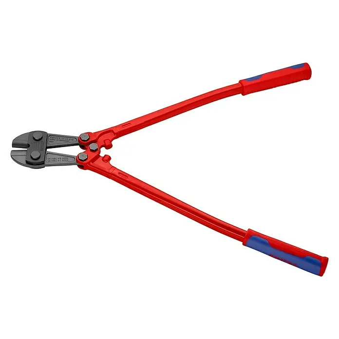 Knipex Bolzenschneider - Länge: 610 mm - Eine rote Bolzenschere mit blau-roten Griffen und einem grauen Schneidkopf vor einem schwarzen Hintergrund.