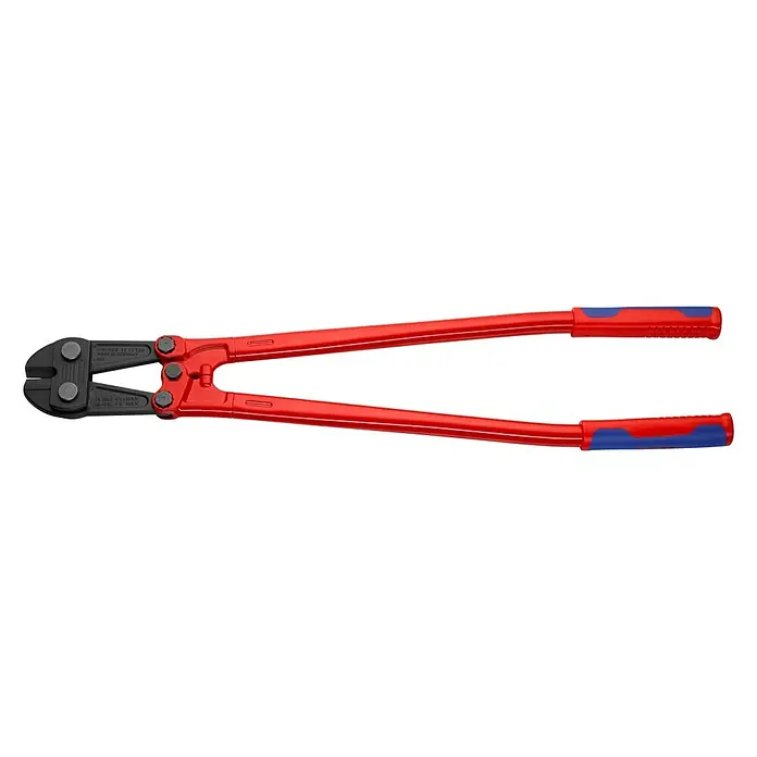 Knipex Bolzenschneider - Länge: 760 mm - Ein Paar rote Bolzenschneider mit blauen Griffen, ideal zum Schneiden von Metallstangen und -drähten in verschiedenen Anwendungen.