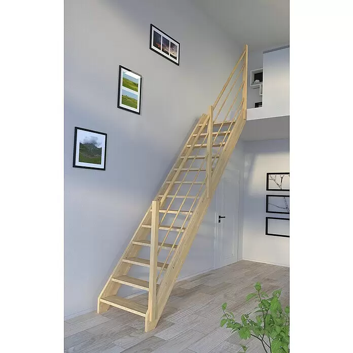 Starwood Raumspartreppe Korfu - Breite: 80 cm, Fichte, Geschosshöhe: 300 cm, Gerade, Montageseite Geländer: Rechts, Designgeländer Holz/Holz, Ohne Setzstufen - Helle Holztreppe für Innenräume, die in einem modernen Zimmer zwei Ebenen verbindet, mit einfachem Holzgeländer.