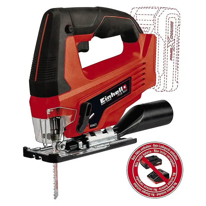 Einhell PXC 18V Sierra de calar a batería con acción pendular TC-JS 18 Li-Solo - 18 V, Sin batería, 0 /min - 2.700 /min - Imagen de una sierra de calar inalámbrica Einhell TC-JS 18 Li roja y negra, una herramienta para realizar cortes precisos.