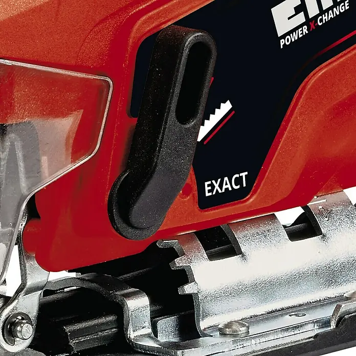 Einhell Power X-Change 18V Akku-Pendelhubstichsäge TC-JS 18 Li-Solo - 18 V, Ohne Akku, 0 /min - 2.700 /min - Nahaufnahme einer Einhell Stichsäge, die Details wie den Griff und die präzise Verarbeitung hervorhebt.