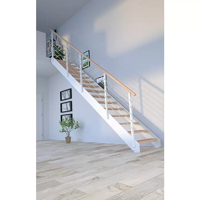 Starwood Wangentreppe Kos - Farbton Metall: RAL 9003, Breite: 87 cm, Buche, Geschosshöhe: 260 cm - 320 cm, Gerade, Metallgeländer pulverbeschichtet, Stufen farblos geölt - Stimmungsaufnahme
