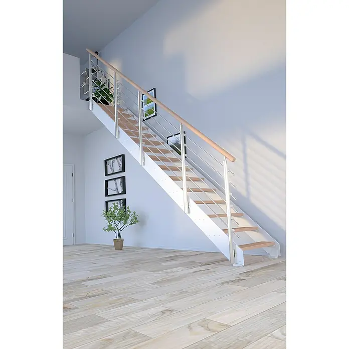 Starwood Wangentreppe Kos - Farbton Metall: RAL 9003, Breite: 89 cm, Buche, Geschosshöhe: 260 cm - 320 cm, Gerade, Designgeländer unbehandelt, Stufen unbehandelt - Ein elegantes Treppenhaus mit einer modernen Treppe, die durch ihr minimalistisches Design und die Kombination aus Holz und Metall besticht.