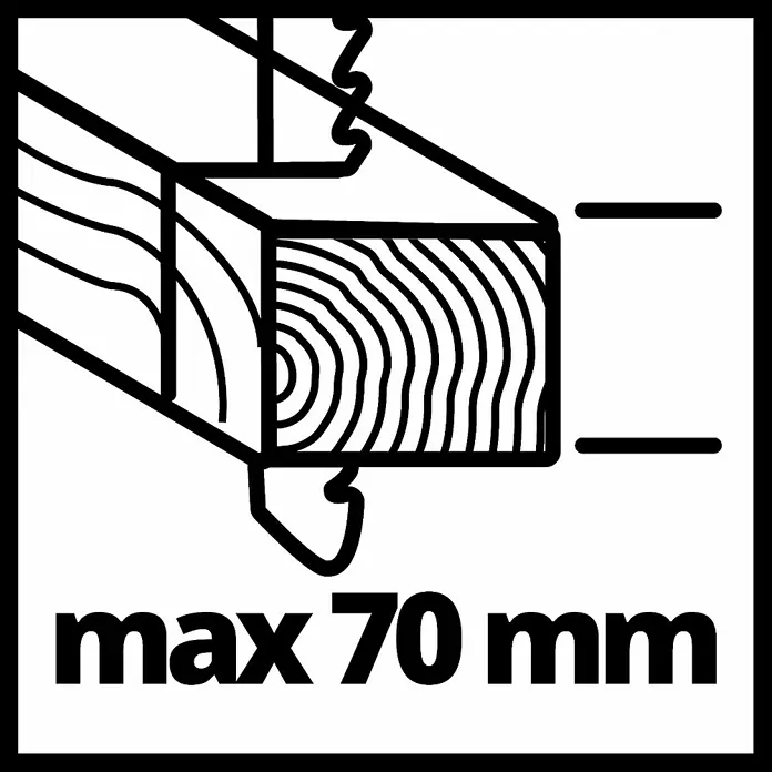 Einhell PXC 18V Sierra de calar a batería con acción pendular TC-JS 18 Li-Solo - 18 V, Sin batería, 0 /min - 2.700 /min - Símbolo: Espesor máximo de madera permitido al usar el producto. Máx. 70 mm para un uso seguro.