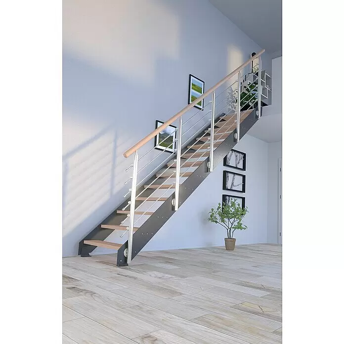 Starwood Wangentreppe KosFarbton Metall: DB 703, Breite: 108 cm, Buche, Geschosshöhe: 220 cm - 280 cm, Gerade, Designgeländer unbehandelt, Stufen farblos geölt
