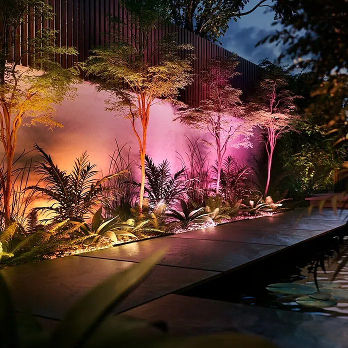 Philips Hue LED-Außenleuchte Amarant - Farbe Gehäuse: Schwarz, IP65, 20 W - Beleuchteter Gartenweg mit farbigen Lichtern, die Bäume und Pflanzen hervorheben, sorgt für eine stimmungsvolle Atmosphäre im Freien.