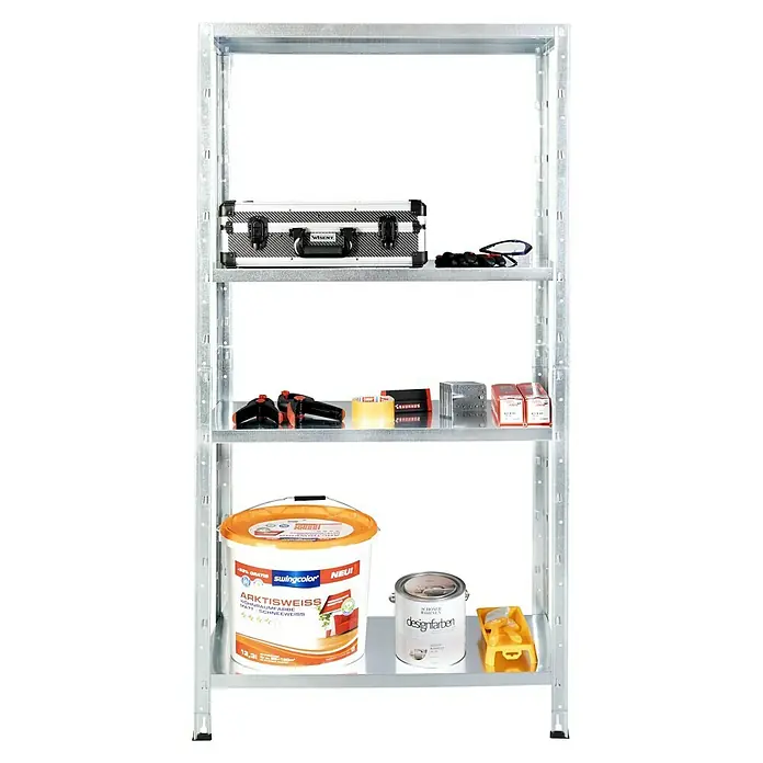 Regalux Metallregal - H x B x T: 160 x 84 x 30 cm, Traglast pro Boden: 40 kg, Anzahl Böden: 4 Stk., Stecken, Silber - Auf dem Bild ist ein Regal mit Werkzeugen und Farbprodukten zu sehen. Das Regal ist aus Metall und hat drei Ablagen, auf denen verschiedene Gegenstände stehen.