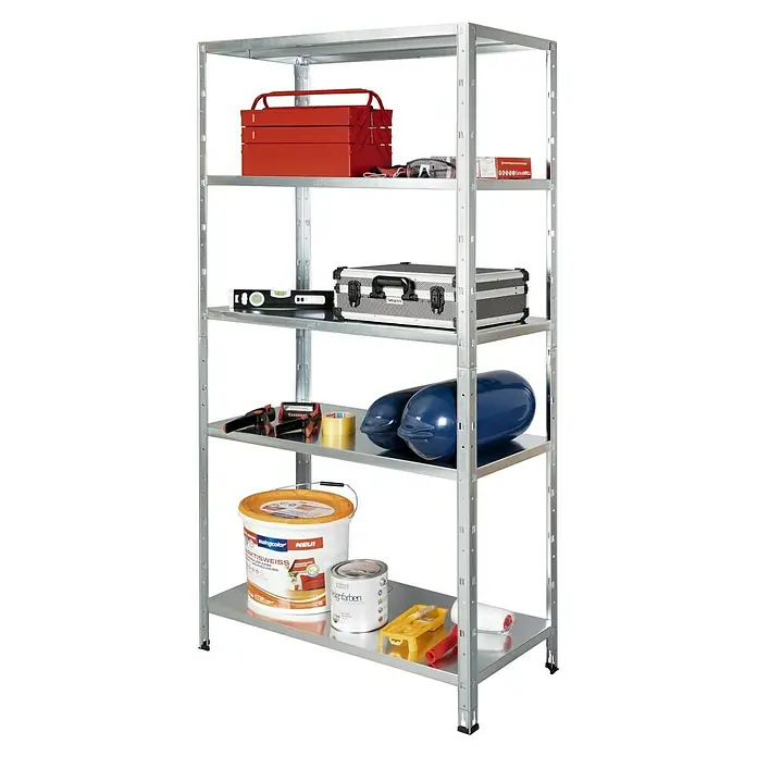 Regalux Metallregal - H x B x T: 188 x 100 x 45 cm, Traglast pro Boden: 65 kg, Anzahl Böden: 5 Stk., Stecken, Silber - Ein robustes Metallregal mit fünf Ablageflächen, ideal zur Aufbewahrung von Werkzeugen, Farben und Baumaterialien in Garage oder Werkstatt.