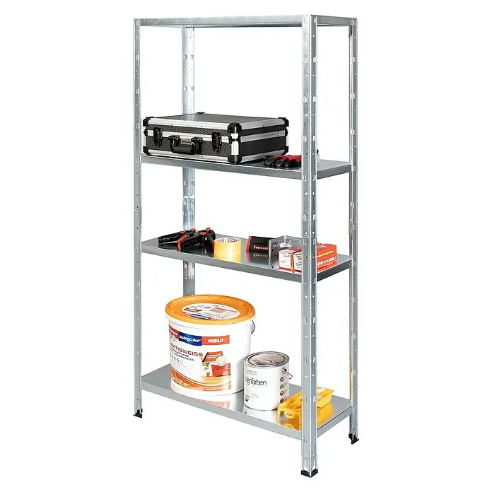Regalux Metallregal - H x B x T: 160 x 84 x 30 cm, Traglast pro Boden: 40 kg, Anzahl Böden: 4 Stk., Stecken, Silber - Ein verzinktes, modulares Schwerlastregal mit vier Ebenen, beladen mit Werkzeug, Farbe und einem Werkzeugkoffer.