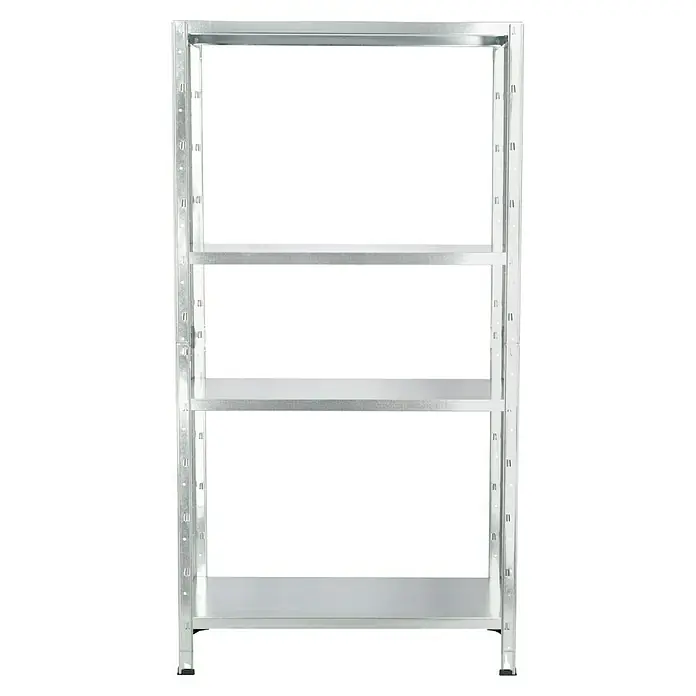 Regalux Metallregal - H x B x T: 160 x 84 x 30 cm, Traglast pro Boden: 40 kg, Anzahl Böden: 4 Stk., Stecken, Silber - Das Bild zeigt ein Regal mit vier Ebenen. Es ist ein stabiles, silberfarbenes Metallregal mit viel Stauraum für diverse Gegenstände.