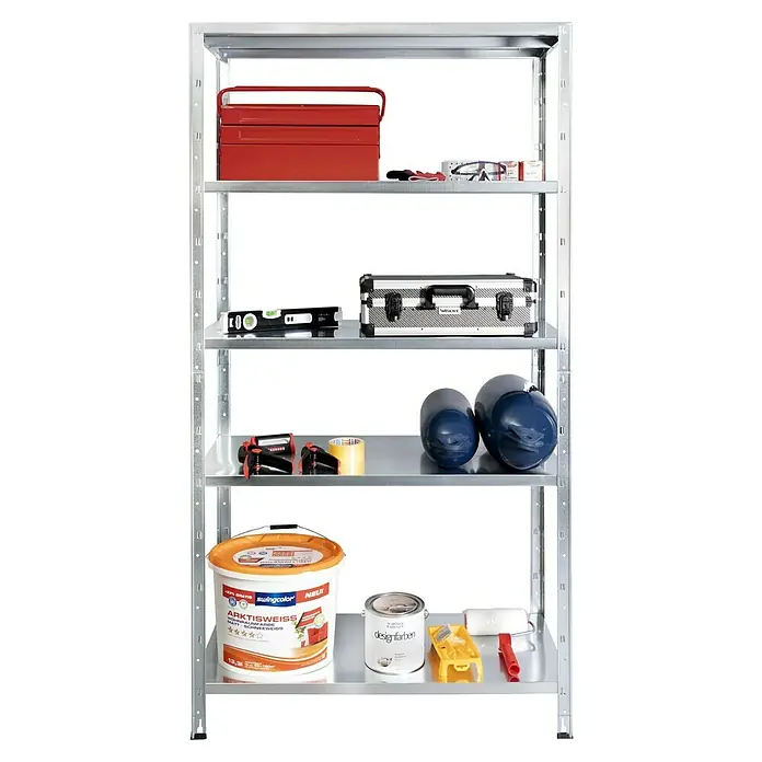 Regalux Metallregal - H x B x T: 188 x 100 x 45 cm, Traglast pro Boden: 65 kg, Anzahl Böden: 5 Stk., Stecken, Silber - Metallregal mit fünf Regalböden, beladen mit Werkzeugen und Farbeimern. Ideal für Werkstatt oder Garage zur Aufbewahrung.