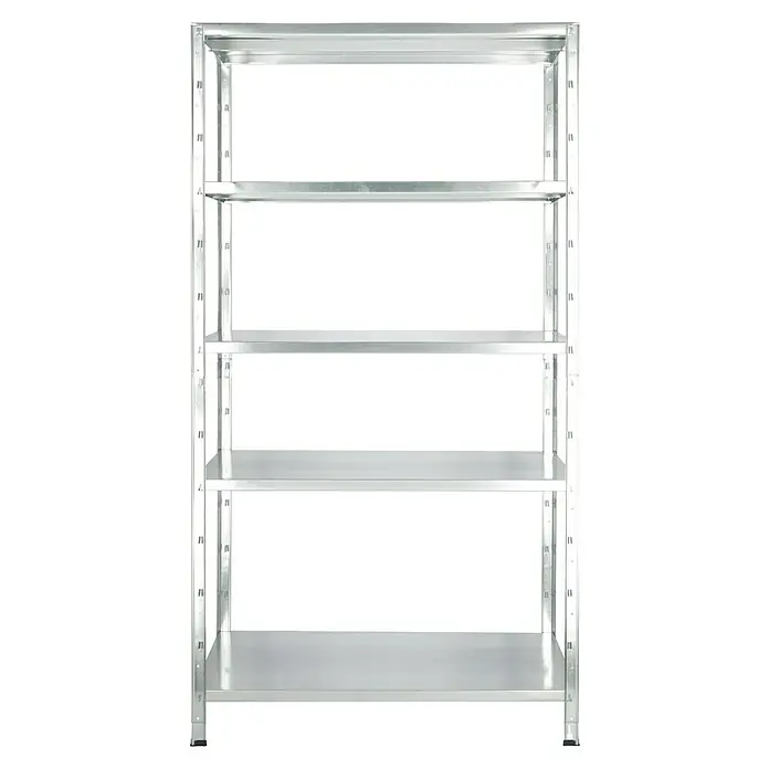 Regalux Metallregal - H x B x T: 188 x 100 x 45 cm, Traglast pro Boden: 65 kg, Anzahl Böden: 5 Stk., Stecken, Silber - Ein freistehendes Metallregal mit fünf Regalböden vor einem schwarzen Hintergrund, ideal für Lagerung und Organisation.
