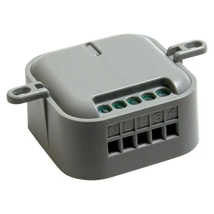 Intertechno Funkschalter ITL-1001 Einbau-Impusschalter - Max. Leistung: 1.000 W - Nahaufnahme eines grauen Schalters mit Anschlussklemmen, beschriftet mit N, L, 3 und 4, zur elektrischen Installation.