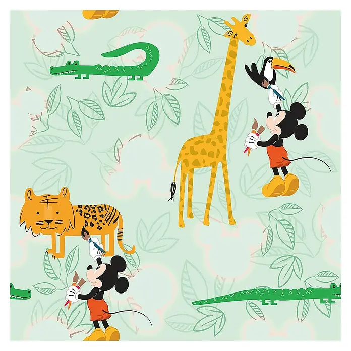 Komar Disney Edition 4 Vliestapete Mickey Mouse Doodle Zoo - Mehrfarbig, Grafisch, 10,05 x 0,53 m - Cartoon-Muster mit Micky Maus und verschiedenen Tieren wie Krokodilen, Giraffen und Tigern auf einem hellen Hintergrund.