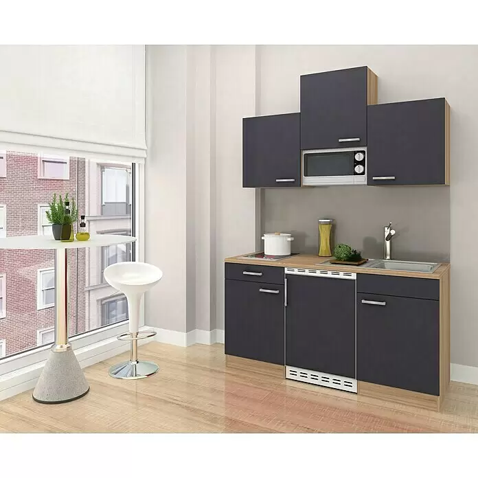 Respekta Cocina compacta Luis - Ancho: 150 cm, Gris, Placa vitrocerámica, frigorífico y microondas, Microondas, Color de la encimera: Roble - Mueble de cocina compacto con armarios gris oscuro, encimera de madera clara, fregadero, placa y microondas integrados, ideal para espacios pequeños.