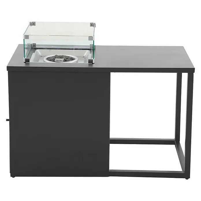 MWH Feuerstelle Palermo - 55 x 100 x 79 cm, Aluminium, Anthrazit - Ein grauer Gartentisch mit integriertem Feuerstelle und Windschutz aus Glas, ideal für gemütliche Abende im Freien.