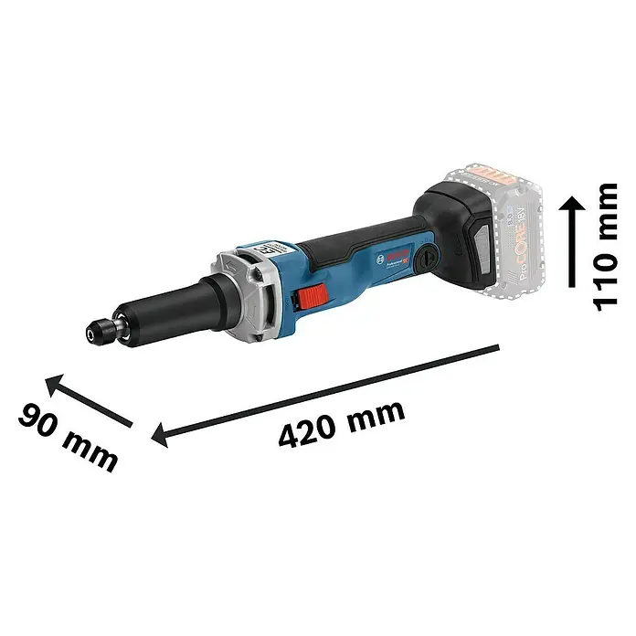 Bosch Professional AMPShare 18V Akku-Geradschleifer GGS 18V-23 LC - 18 V, Ohne Akku, Leerlaufdrehzahl: 23.500 U/min - Bild einer Bosch GGS 18V-23 LC Professional Akku-Geradschleifer mit Abmessungen.