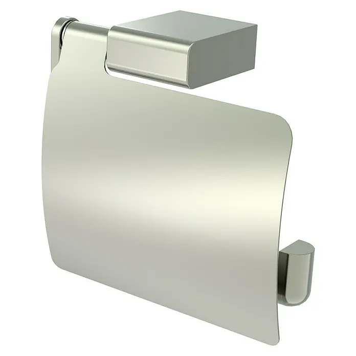 Lenz Pearl Toilettenpapierhalter - Mit Deckel, Nickel, Matt - Nahaufnahme eines stilvollen Toilettenpapierhalters aus gebürstetem Nickel, der modernes Design und Funktionalität vereint.