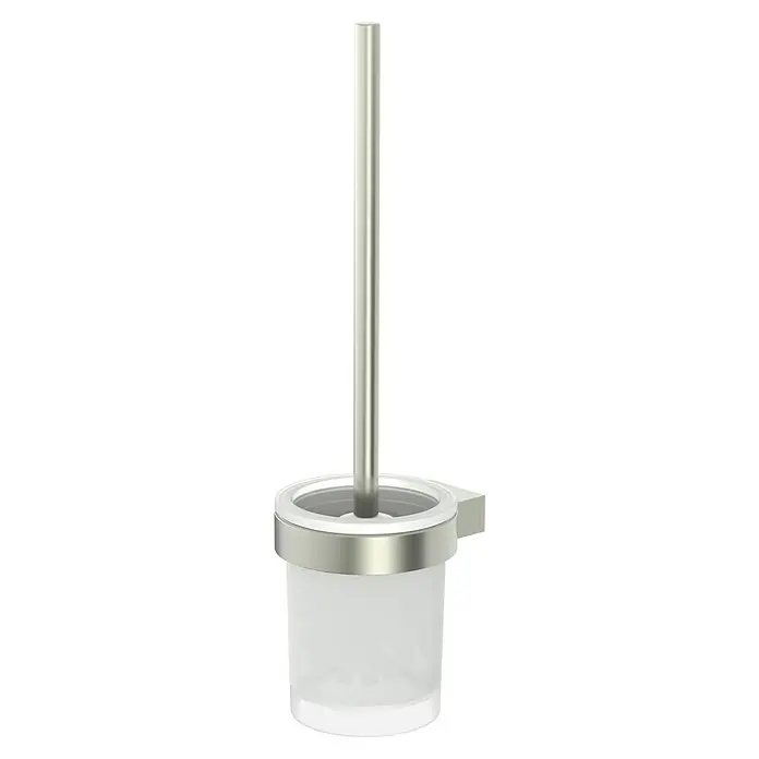 Lenz Pearl WC-Bürstengarnitur - Messing, Nickel - Ein moderner WC-Bürstenhalter in Silber mit einem satinierten Glasbehälter, der eine elegante und hygienische Badlösung bietet.