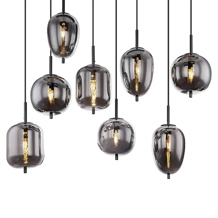 Globo LED-Pendelleuchte BLACKY - Anzahl Leuchtmittel: 8 Stk., Schwarz, 40 W, L x B x H: 102 x 44 x 37 cm, E14 - Diese stilvollen Hängelampen mit rauchfarbenen Glasschirmen und schwarzer Aufhängung sorgen für ein modernes Ambiente.