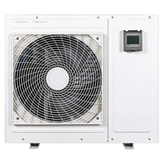 myPool Wärmepumpe Basic 4 - Passend für: Pools bis 20.000 l Beckeninhalt - Nahaufnahme einer weißen Wärmepumpe mit einem runden Ventilatorgitter und einem kleinen digitalen Bedienfeld an der Seite.