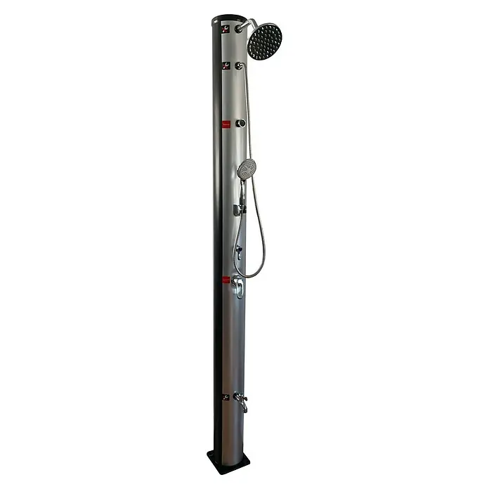 myPool Solardusche Kombi - Höhe: 220 cm, Kunststoff, Schwarz/Silber, 40 l - Abgebildet ist eine Gartendusche mit Kopf- und Handbrause sowie einem Wasserhahn, ideal für den Außenbereich.