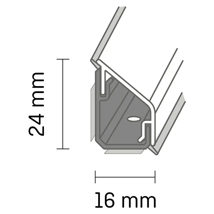 Kantoflex Wandabschlussprofil Design 3953 Schiefer - 60 x 1,6 x 2,4 cm - Schematische Darstellung eines Profils mit Maßangaben 24 mm Höhe und 16 mm Breite. Detaillierte Produktinformationen.