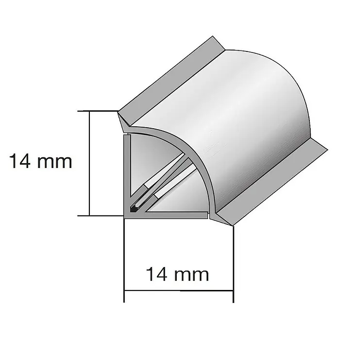 Kantoflex Wandabschlussprofil Topline Silber - 250 x 1,4 x 1,4 cm - Abbildung eines Eckprofils mit den Maßen 14 x 14 mm zur Anwendung in verschiedenen Projekten.