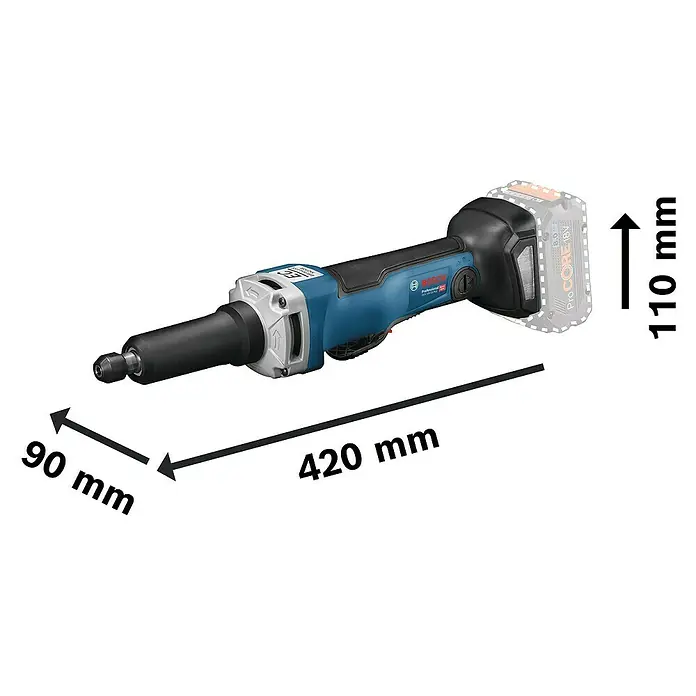 Bosch Professional AMPShare 18V Akku-Geradschleifer GGS 18V-23 PLC - 18 V, Ohne Akku, Leerlaufdrehzahl: 23.500 U/min - Abbildung eines blauen Bosch GGS 18V-23 PLC Akku-Geradschleifers mit Abmessungsangaben.