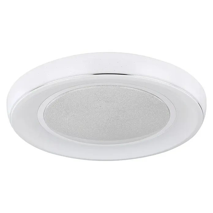 Globo Deckenleuchte rund MICKEY - 30 W, Ø x H: 660 mm x 65,5 cm - Nahaufnahme einer runden, weißen Deckenleuchte mit einer matten, zentralen Lichtquelle auf schwarzem Hintergrund.
