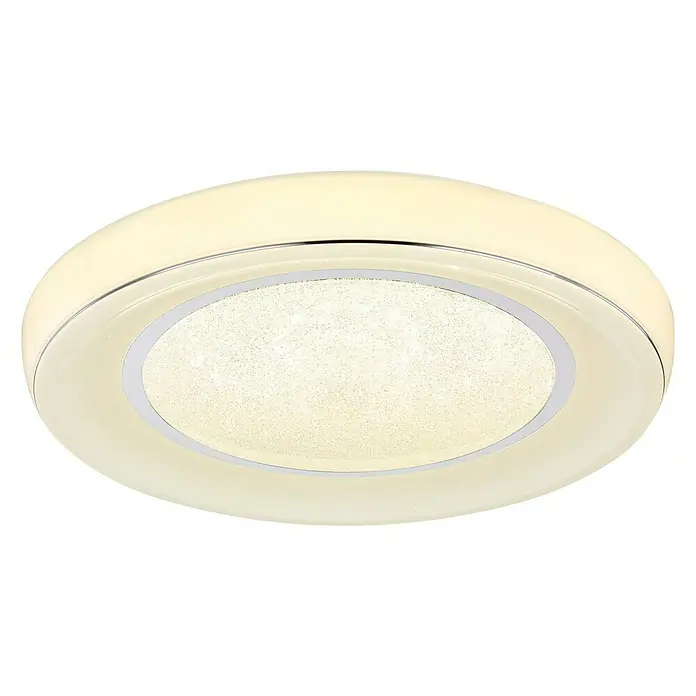 Globo Deckenleuchte rund MICKEY - 30 W, Ø x H: 660 mm x 65,5 cm - Nahaufnahme einer runden, cremefarbenen Deckenleuchte mit einer glitzernden, zentralen Lichtquelle und Chromdetails.