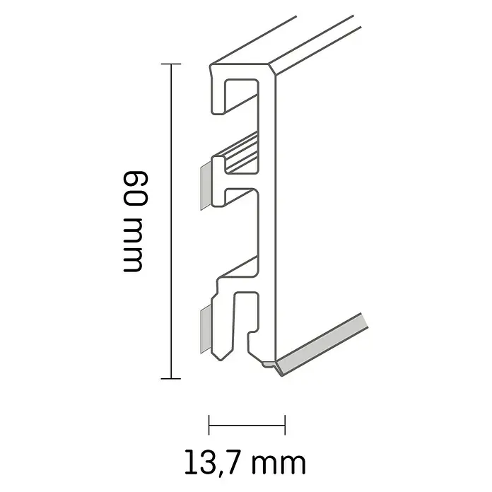 Sockelleiste Cubica - 250 cm x 14 mm x 60 mm, Eiche Grau - Produktbild eines Aluminiumprofils mit den Maßen 60 mm Höhe und 13,7 mm Breite. Technische Zeichnung des Profils.