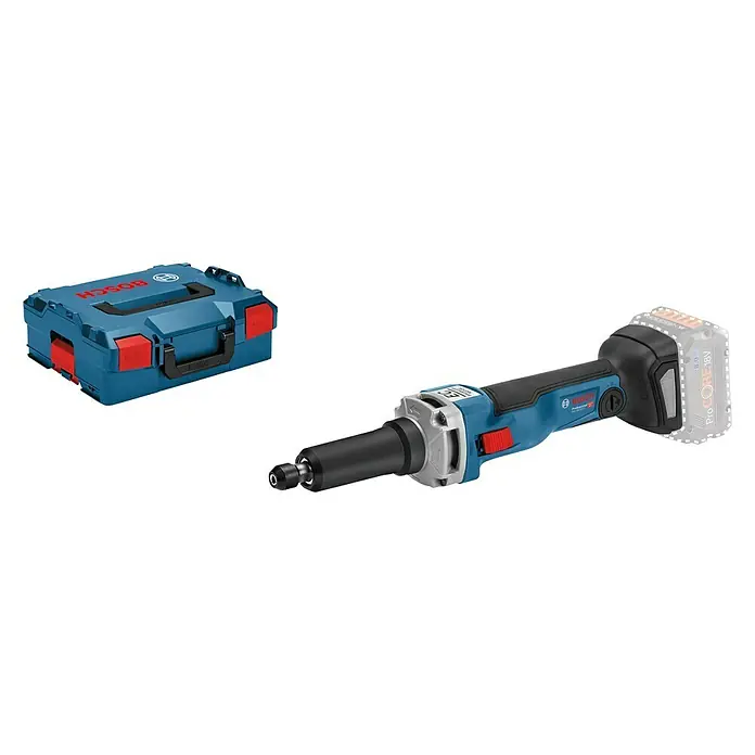 Bosch Professional AMPShare 18V Akku-Geradschleifer GGS 18V-23 LC - 18 V, Ohne Akku, Leerlaufdrehzahl: 23.500 U/min - Bild einer Bosch GGS 18V-23 LC Akku-Geradschleifer mit Zubehörbox, ideal für Schleifarbeiten mit hoher Leistung und Komfort.