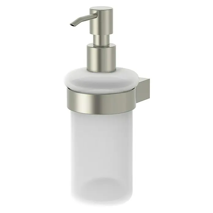 Lenz Pearl Seifenspender - Glas, Nickel - Wandmontierter Seifenspender aus Edelstahl und Keramik mit mattiertem Glasbehälter.