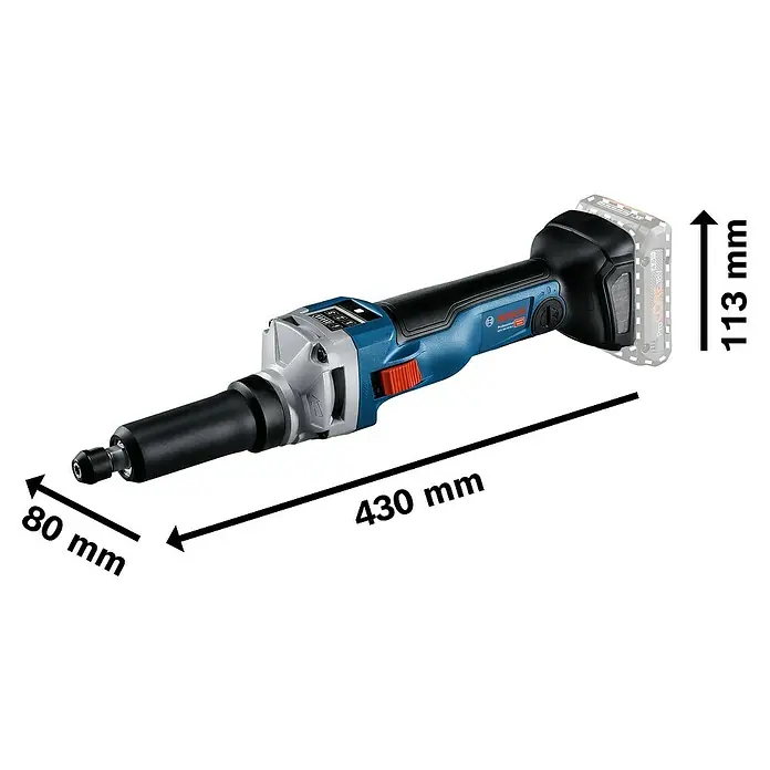 Bosch Professional AMPShare 18V Akku-Geradschleifer GGS 18V-10 SLC - 18 V, Ohne Akku, Leerlaufdrehzahl: 10.500 U/min, Kunststoffkoffer - Bild einer blauen Bosch Professional Akku-Geradschleifer mit Abmessungen.