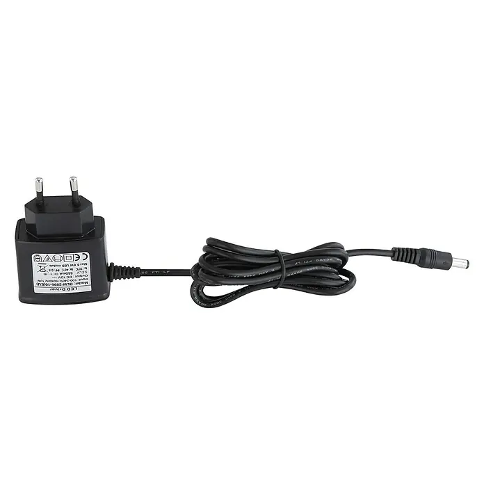 Globo LED-Tischleuchte PATTAYA - 9 W, L x B x H: 17,9 x 17,9 x 34,6 cm, Kaltweiß - Abbildung eines LED-Treibers mit Netzstecker und Kabel. Das Gerät ist schwarz und hat eine Ausgangsleistung von DC 12V 550mA.