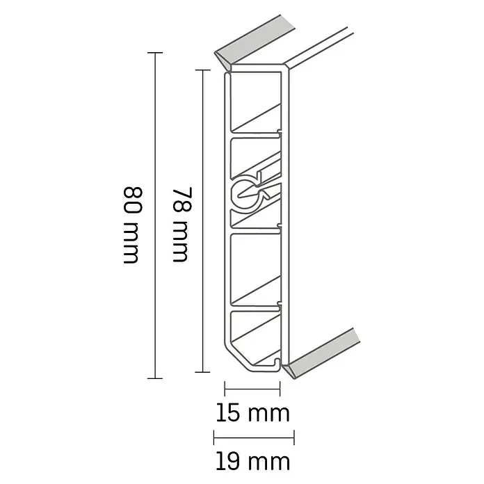 Deckprofil Cubica LS80 Light Up - Weiß, 2,5 m x 19 mm x 80 mm - Querschnittprofil mit den Maßen 80 mm Höhe, 78 mm Innenhöhe, 15 mm und 19 mm Basisbreite.