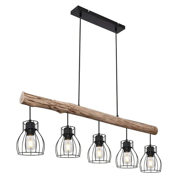Globo Mina Pendelleuchte MINA - 40 W, L x B x H: 104 x 13,6 x 140 cm, Schwarz, E27 - Pendelleuchte aus Holz mit fünf Lampen in Käfigoptik, die rustikalen Charme versprüht und für angenehme Beleuchtung sorgt.