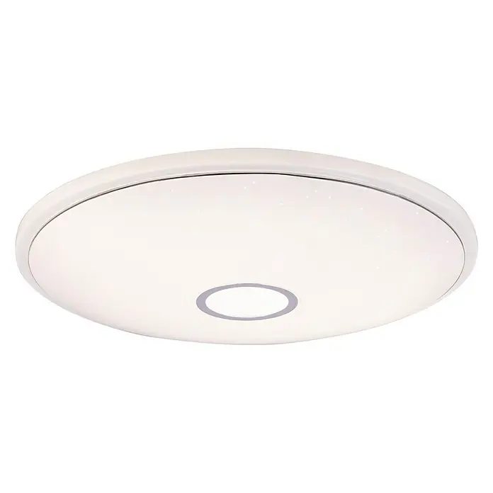 Globo Deckenleuchte rund CONNOR - 30 W, Ø x H: 680 mm x 69 cm - Nahaufnahme einer runden LED-Deckenleuchte mit sternförmigem Muster auf schwarzem Hintergrund.