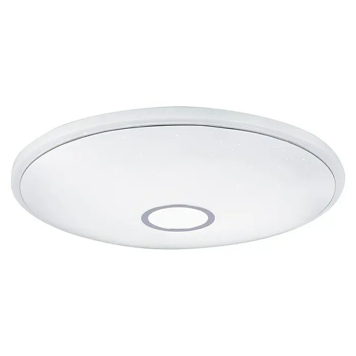 Globo Deckenleuchte rund CONNOR - 30 W, Ø x H: 680 mm x 69 cm - Eine runde LED-Deckenleuchte mit einem weißen Diffusor und einem silbernen Ring in der Mitte, ideal für moderne Innenräume.