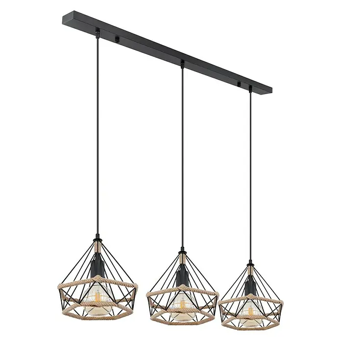 Globo Pendelleuchte ULLEU - 40 W, L x B x H: 120 x 30 x 30 cm, Schwarz, E27 - Drei Hängeleuchten mit schwarzem Metallrahmen und Seilakzenten, die ein warmes Licht verbreiten, ideal für Esszimmer oder Kücheninseln.