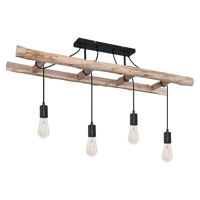Globo Deckenleuchte IRMGARD - 60 W, L x B x H: 34,5 x 11,5 x 120 cm - Eine rustikale Hängelampe mit vier Glühbirnen, befestigt an einem Holzbalken. Ideal für eine gemütliche Atmosphäre im Esszimmer oder Wohnbereich.