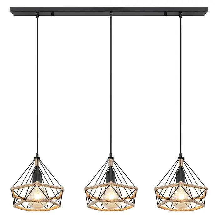 Globo Pendelleuchte ULLEU - 40 W, L x B x H: 120 x 30 x 30 cm, Schwarz, E27 - Drei Hängelampen mit Seilumwicklung und industriellem Design, die eine warme und einladende Atmosphäre schaffen.