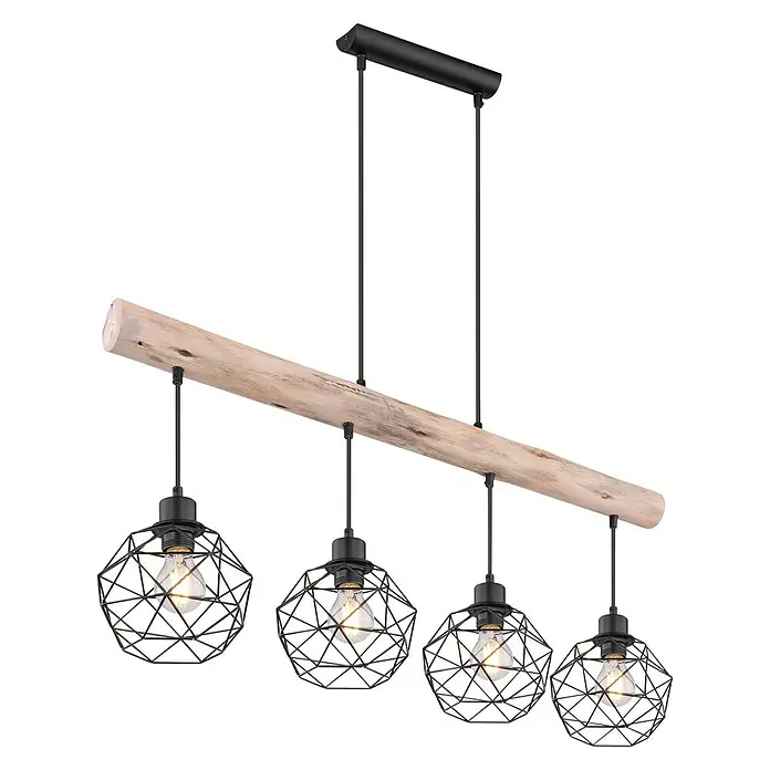 Globo Pendelleuchte THEODOR - 60 W, L x B x H: 85,5 x 20,5 x 25,5 cm, Schwarz, E27 - Hängeleuchte mit vier rustikalen Drahtschirmen und einem Holzbalken, ideal für Esszimmer oder Wohnzimmer.