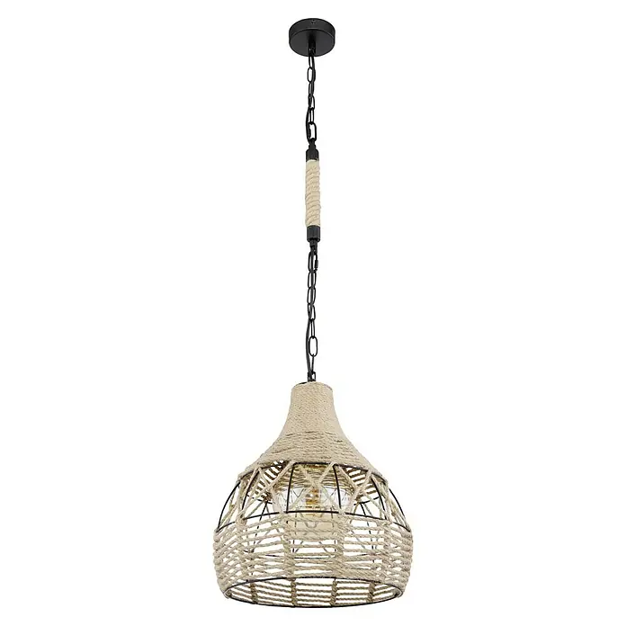 Globo Pendelleuchte HALIA60 W, Schwarz, E27, Durchmesser: 30 cm - Elegante Hängeleuchte mit Seilakzenten. Das Design verleiht jedem Raum eine rustikale und maritime Note. Ideal für stilvolle Beleuchtung.