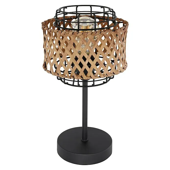 Globo Tischleuchte rund GINA - 40 W, Ø x H: 17 x 32 cm, Schwarz, E27 - Nahaufnahme einer dekorativen Tischleuchte mit einem Lampenschirm aus geflochtenem Korb und einem schwarzen Metallgestell, die ein warmes Licht ausstrahlt.