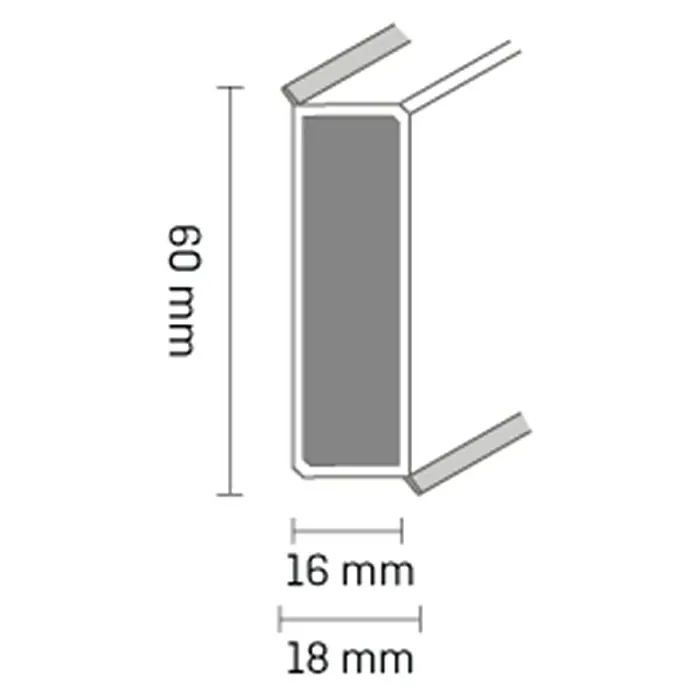 Sockelleiste XL Ligna - 250 cm x 18 mm x 60 mm, MDF/HDF - Produktansicht mit den Maßen 60 mm Höhe, 16 mm und 18 mm Breite. Detailaufnahme für eine bessere Vorstellung.